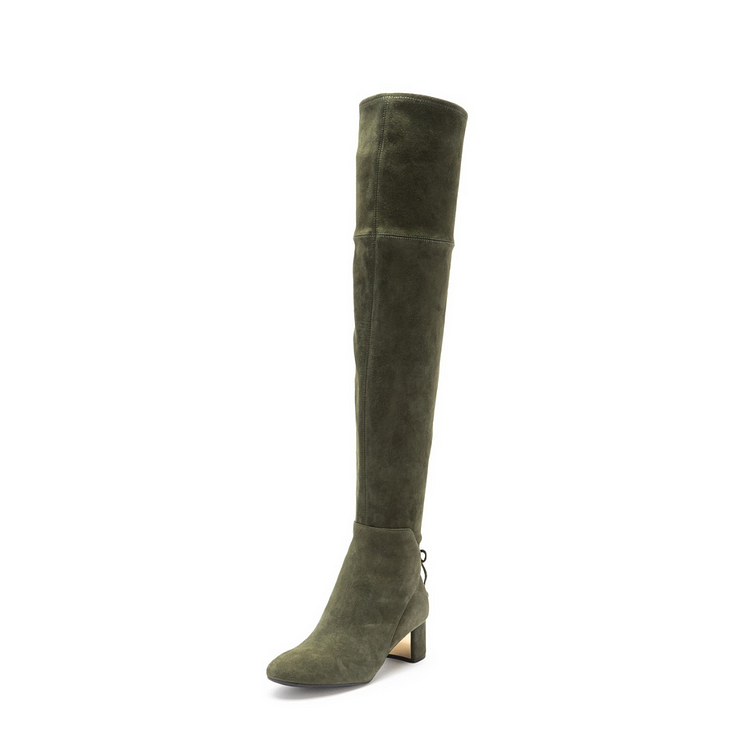Green Vegan Suede Chunky Heel Boots Over the Knee Boots |FSJ Shoes