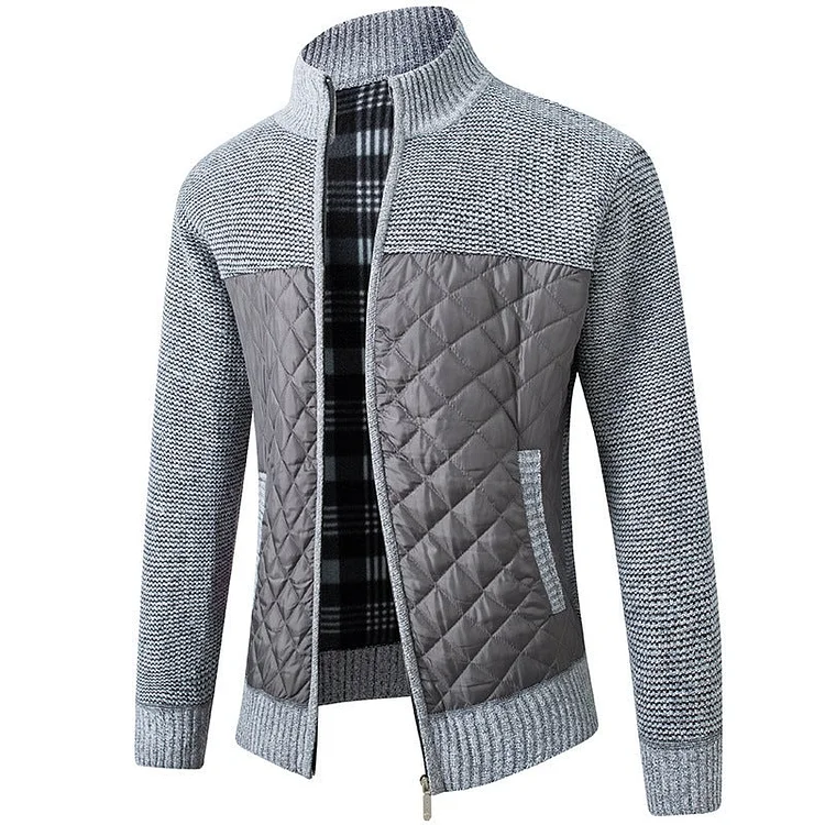 Men's Stand Collar Striped Plaid Zipper Sweater Coat