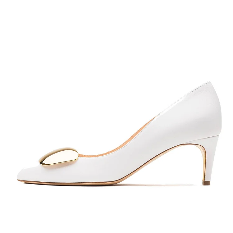 FSJ White Almond Toe Kitten Heel Pumps with Gold Pebble Decor |FSJ Shoes