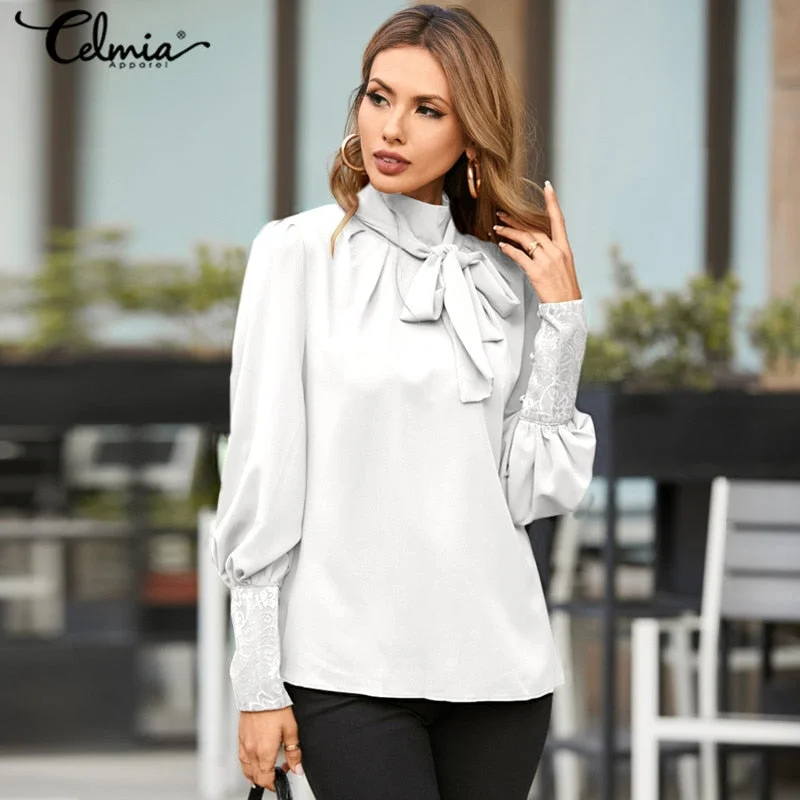 Celmia Fashion Women Party Blouse Long Lantern Sleeve Shirt Autumn