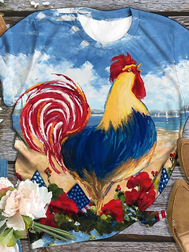 Chicken Oil Painting Flag Print Short Sleeve T-Shirt