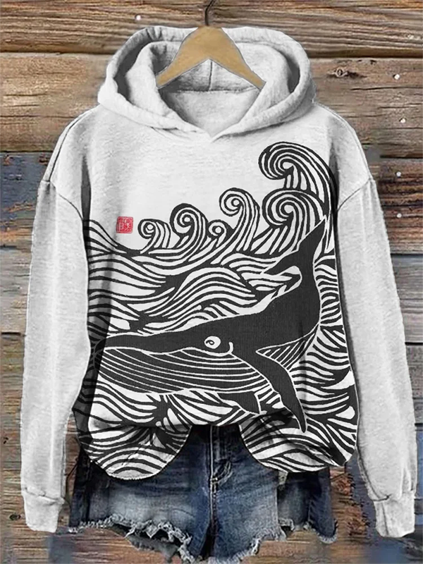 Women's Whale Sea Wave Ancient Art Print Cozy Hoodie