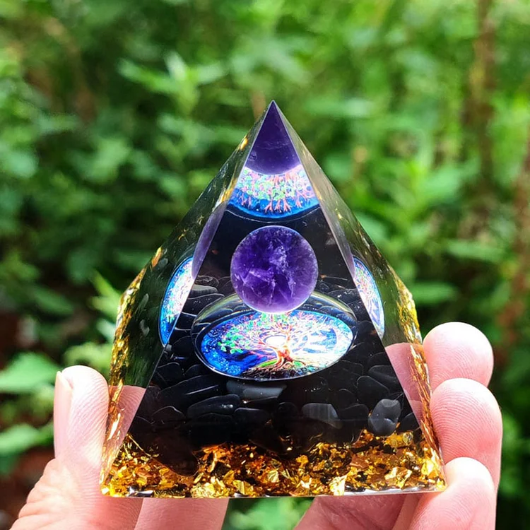 Amethyst Crystal Sphere with Obsidian Natural Crystal Orgone Pyramid