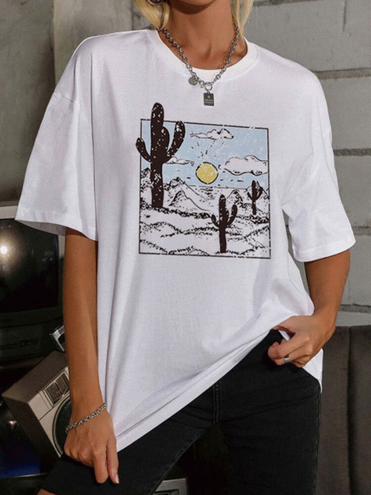 Landscape Print O neck Short Sleeve Loose T Shirt For Women P1825489