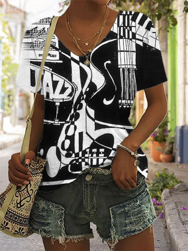 Vefave Jazz Inspired Contrast Art V Neck T Shirt