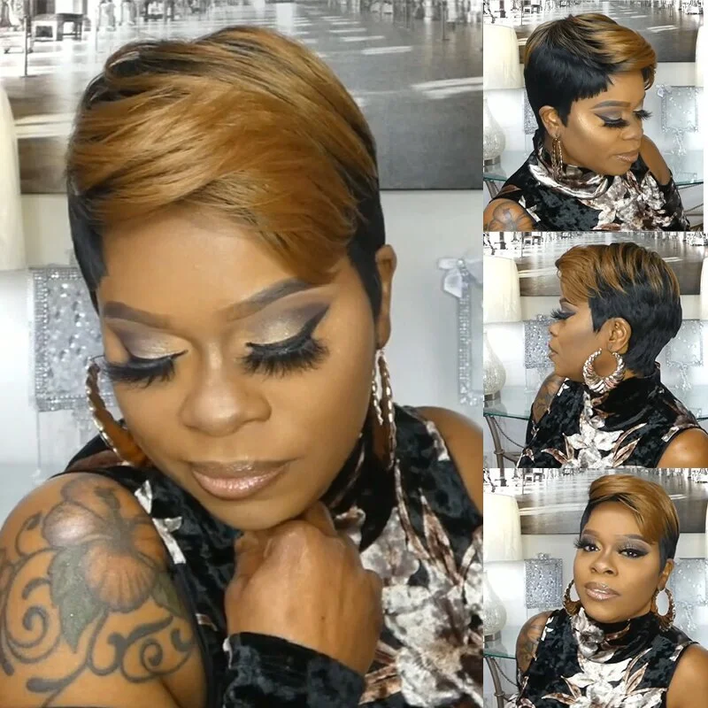 Zaesvini Hair®| Hot Sale🔥Black Mix Gold Short Wavy Bob Pixie Cut With Bangs For Black Women Zaesvini