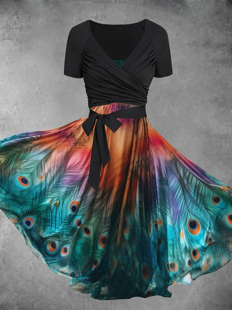 Women's Summer Peacock Feather Gradient Art Two Piece Dress
