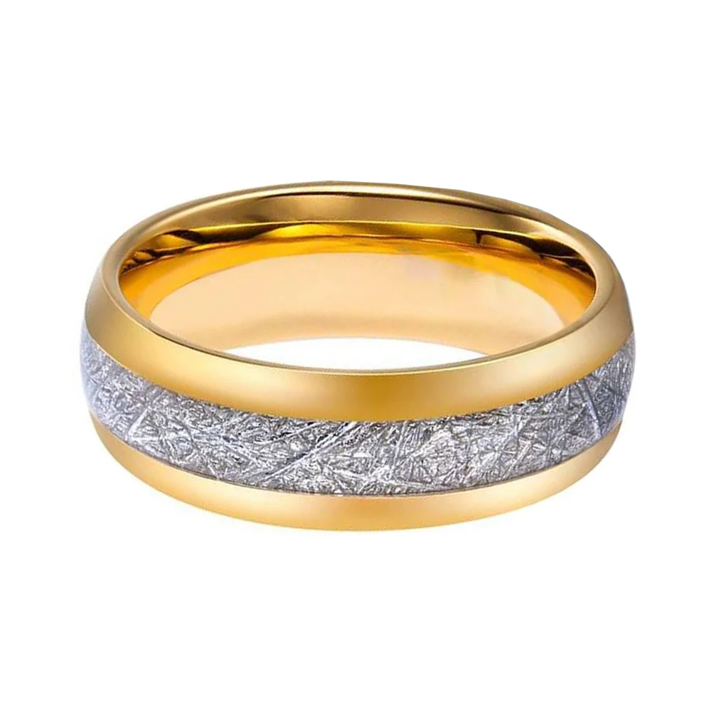 8MM Unisex Gold Tungsten Ring Inlay Silver Meteorites Pattern Wedding Band