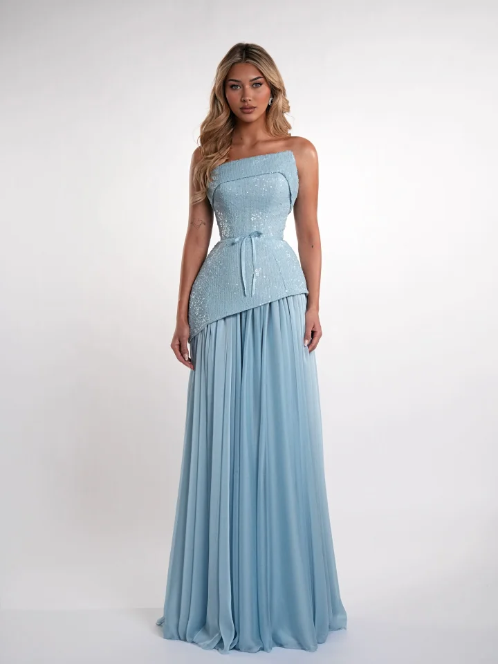 Lussooy Blue Straight Charming Across Sleeveless Sequins Pleated Evening Dress