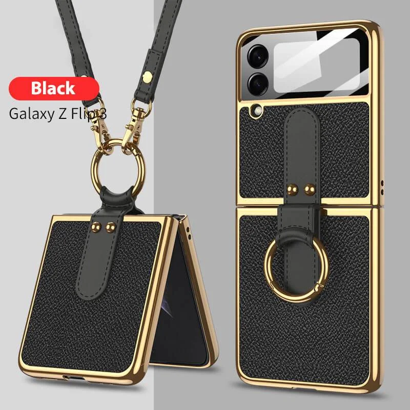 Electroplated Leather Phone Cover With Screen Tempered Glass And Lanyard For Galaxy Z Flip3/Z Flip4