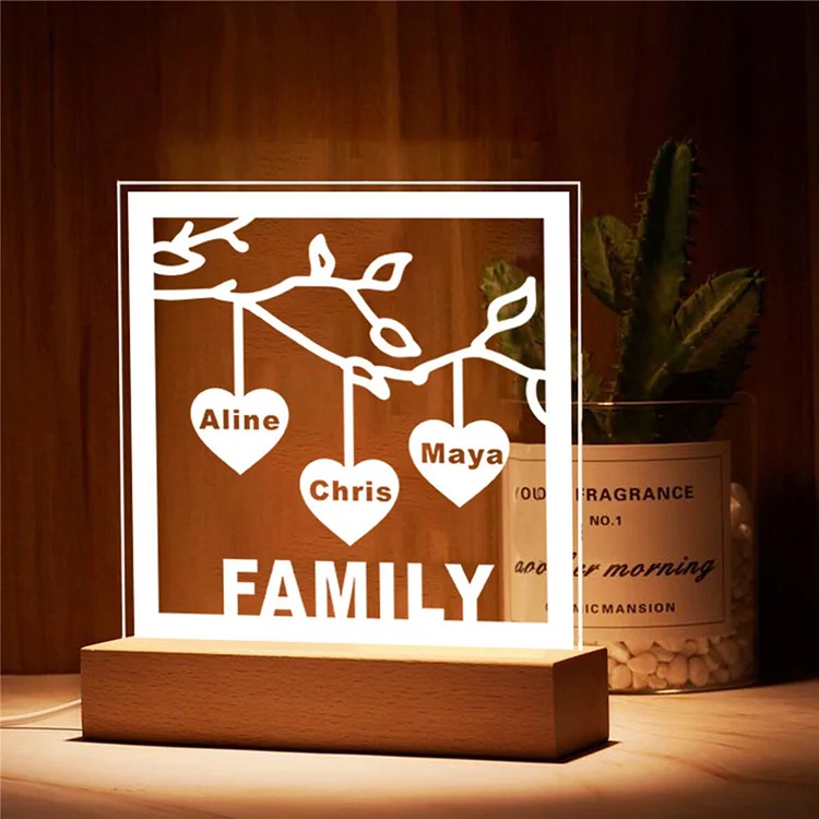 Personalized Family Tree Night Light LED Sign Engraved 3 Names Plaque USB Power Lamp