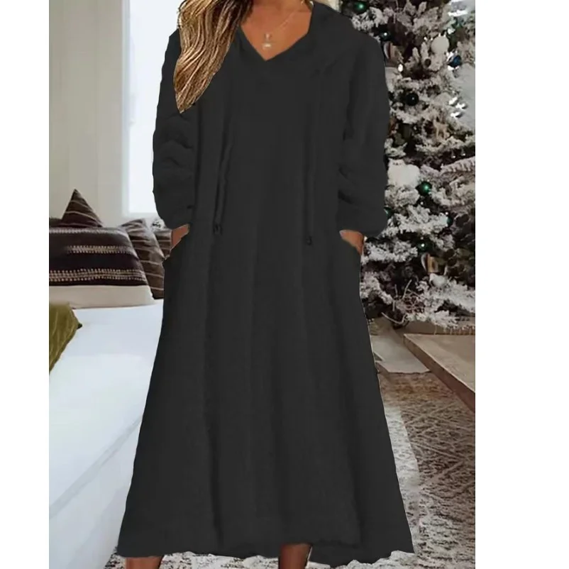Women's Hooded Solid Color Patchwork Long Sleeved Dress.