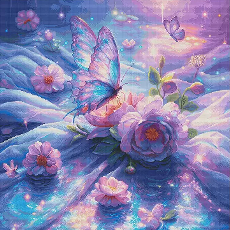 Spring Brand - Purple Butterfly Flowers 16CT Stamped Cross Stitch 68*68CM(79Colors)