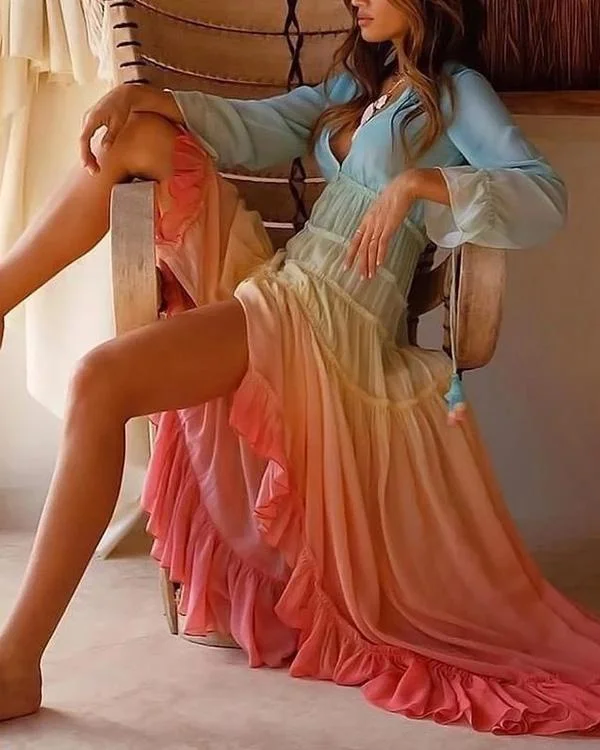 layered v neck multicolor maxi dresses p114332