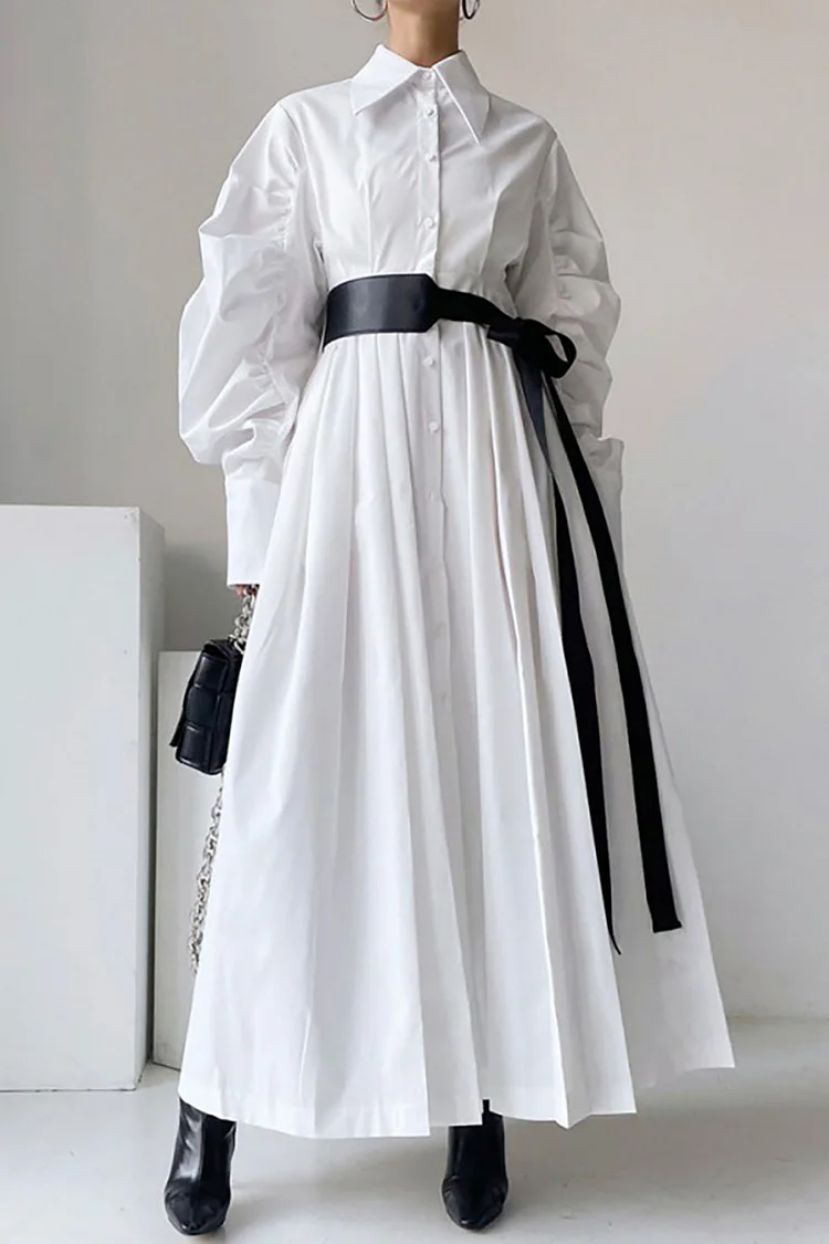 Ruched Balloon Sleeve Button Up A-Line Pleated White Blouse Maxi Dresses