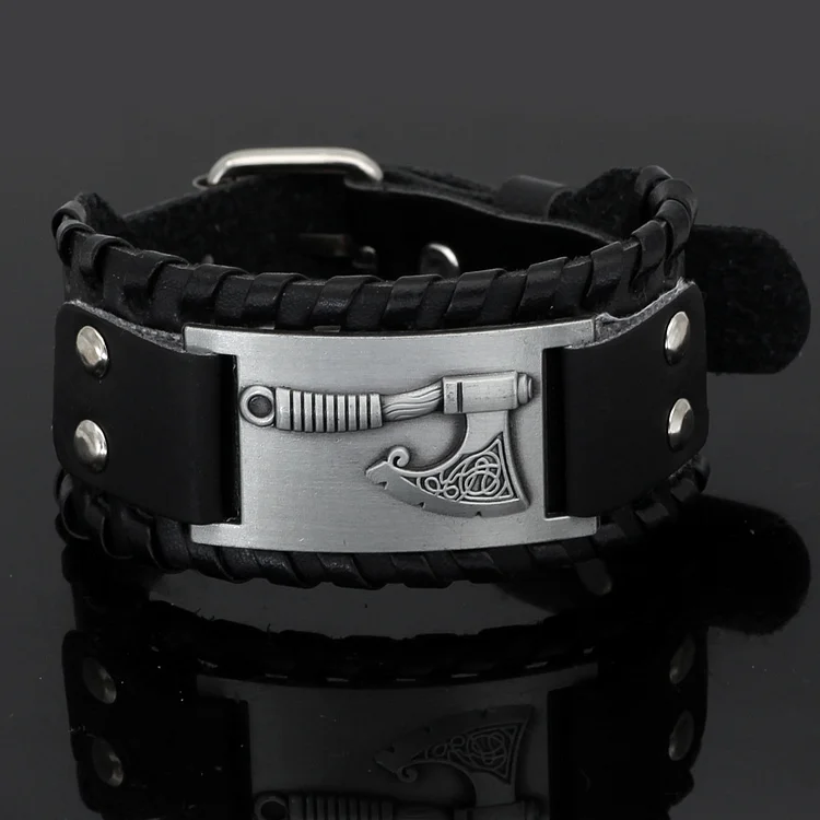 Viking Axe Leather Stainless Steel Bracelet