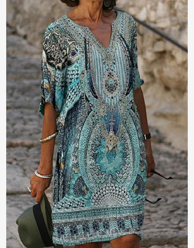 Digital Positioning Floral Print Mid-Length Sleeves V-neck Pullover Dress VangoghDress