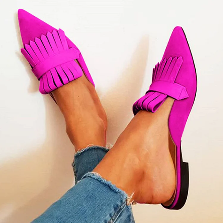 Fuchsia Vegan Suede Fringe Shoes Pointed Toe Flat Mules for Women |FSJ Shoes