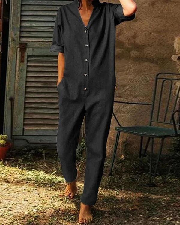 solid v neck side pockets buttoned jumpsuits p182089