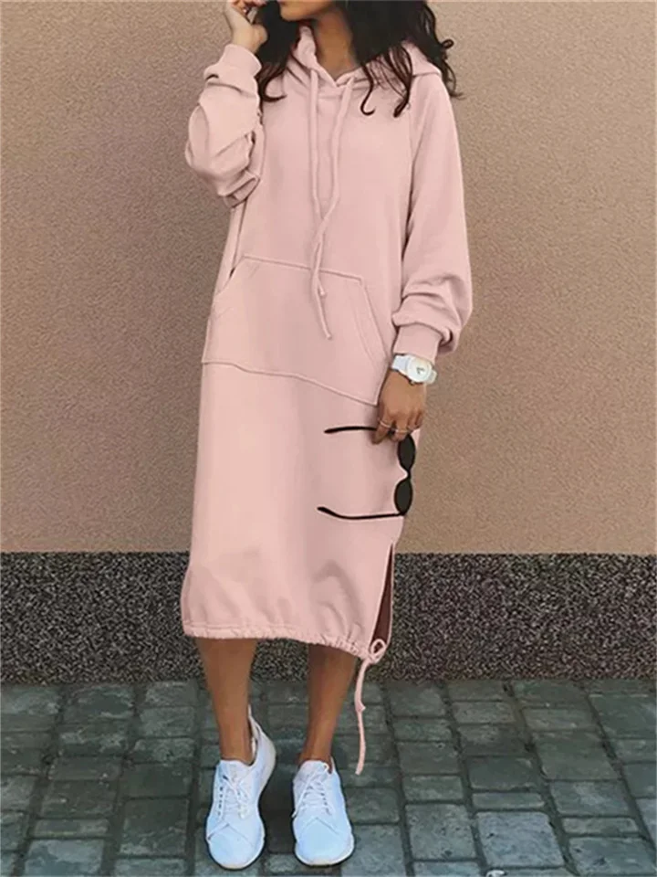 Hot Explosive Solid Color Large Size Long Pocket Sweater Autumn and Winter Comfortable Casual Hooded Dresses for Women-JRSEE