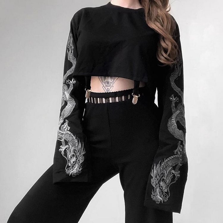Dragon Embroidery Crop Top Loose Sweatshirt SP15043