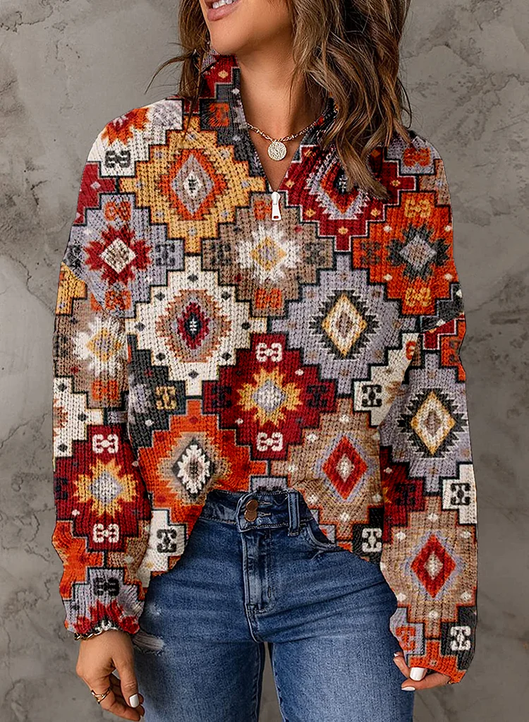 Women's Fashion Retro Ethnic Print  Zipper Collar Sweater