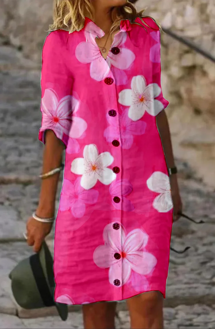 Pink Flower Plain Cotton Casual Dress
