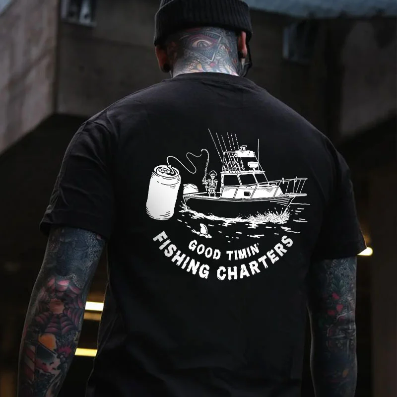 GOOD TIMING FISHING CHARTERS Skull Sailing Black Print T-shirt
