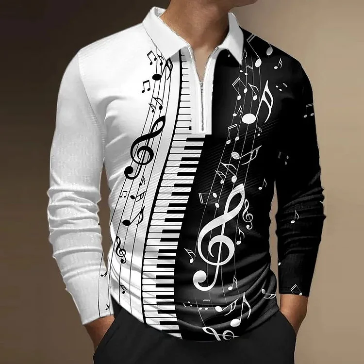 Men's Streetwear Graphic Prints Notes Turndown Long Sleeve Zipper Polo Shirt
