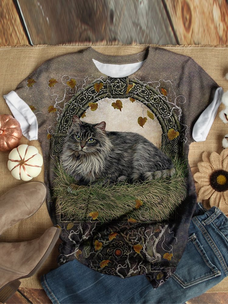 Bestdealfriday Cat Pattern Floral Print Round Neck Shirts Tops 9106456