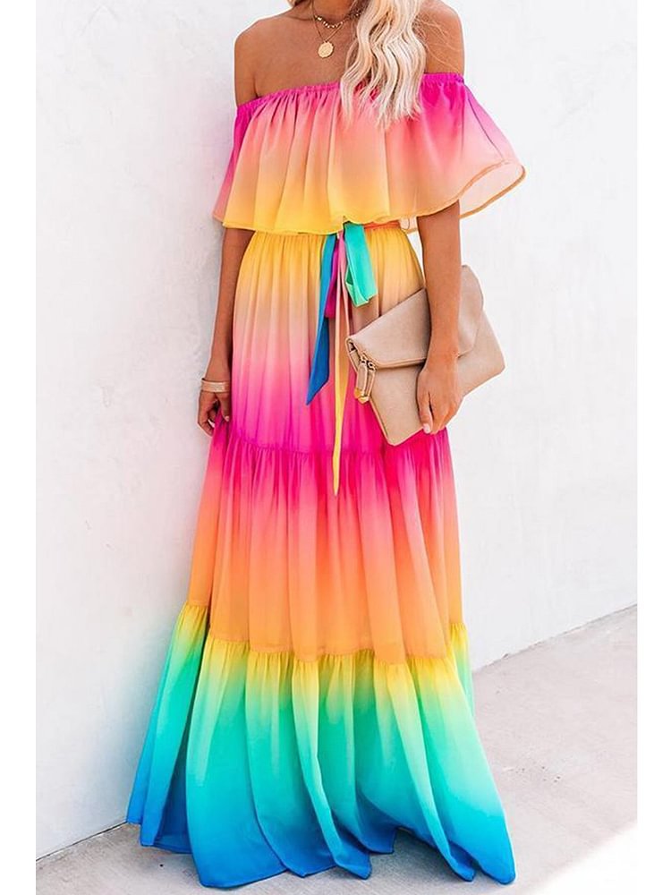 Elegant Off Shoulder Rainbow Maxi Dress P11387