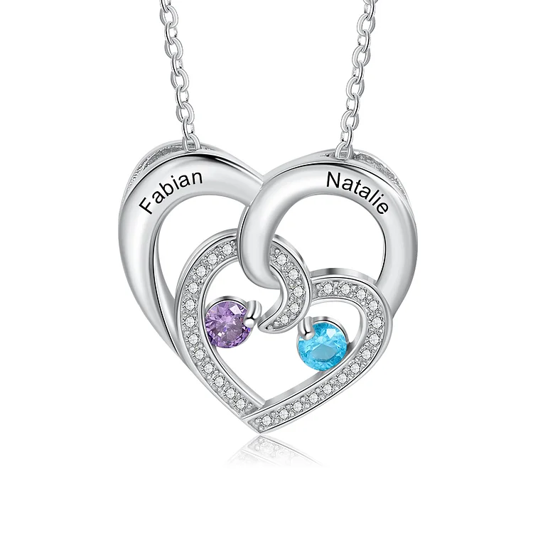 Collar de corazón de plata 925 con 2 nombres personalizados con 2 piedras de nacimiento