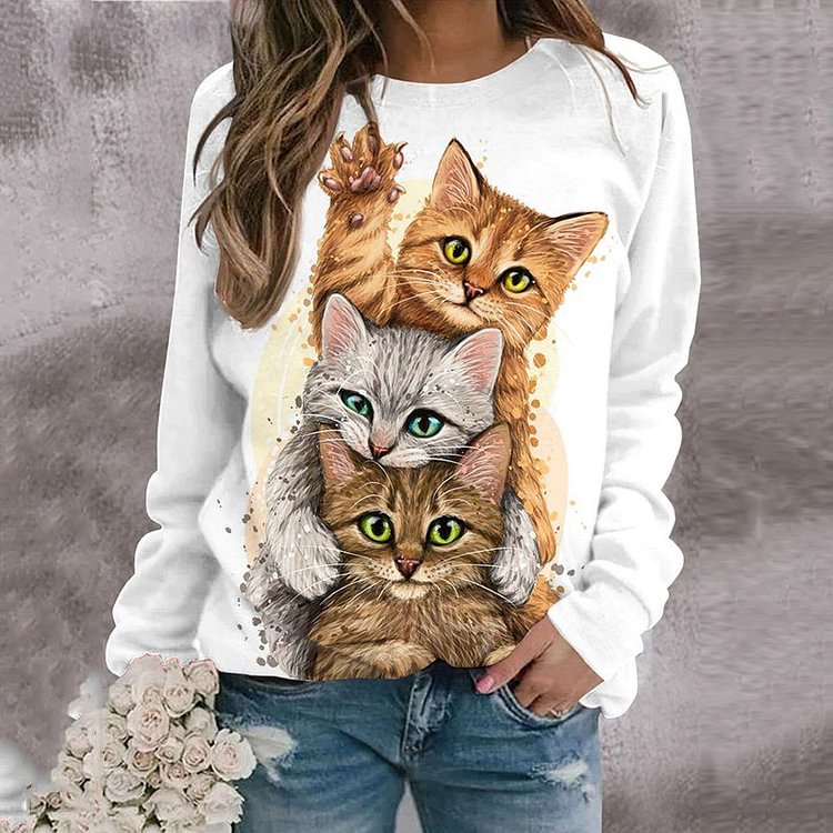 Comstylish Cat Print Round Neck Long Sleeve Casual Sweatshirt