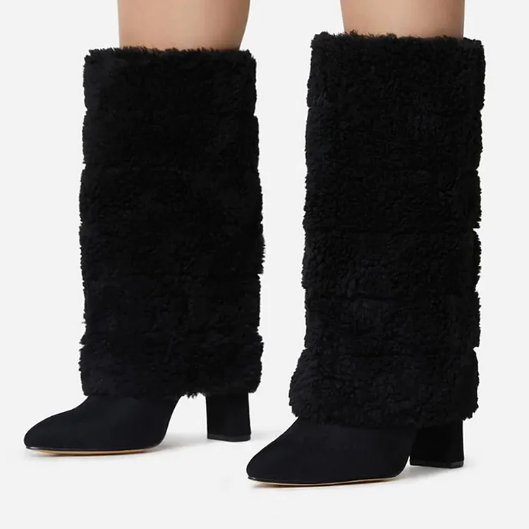 Black 4-inch Chunky Heel Faux Fur Mid-Calf Fold-Over Boots for Women |FSJ Shoes