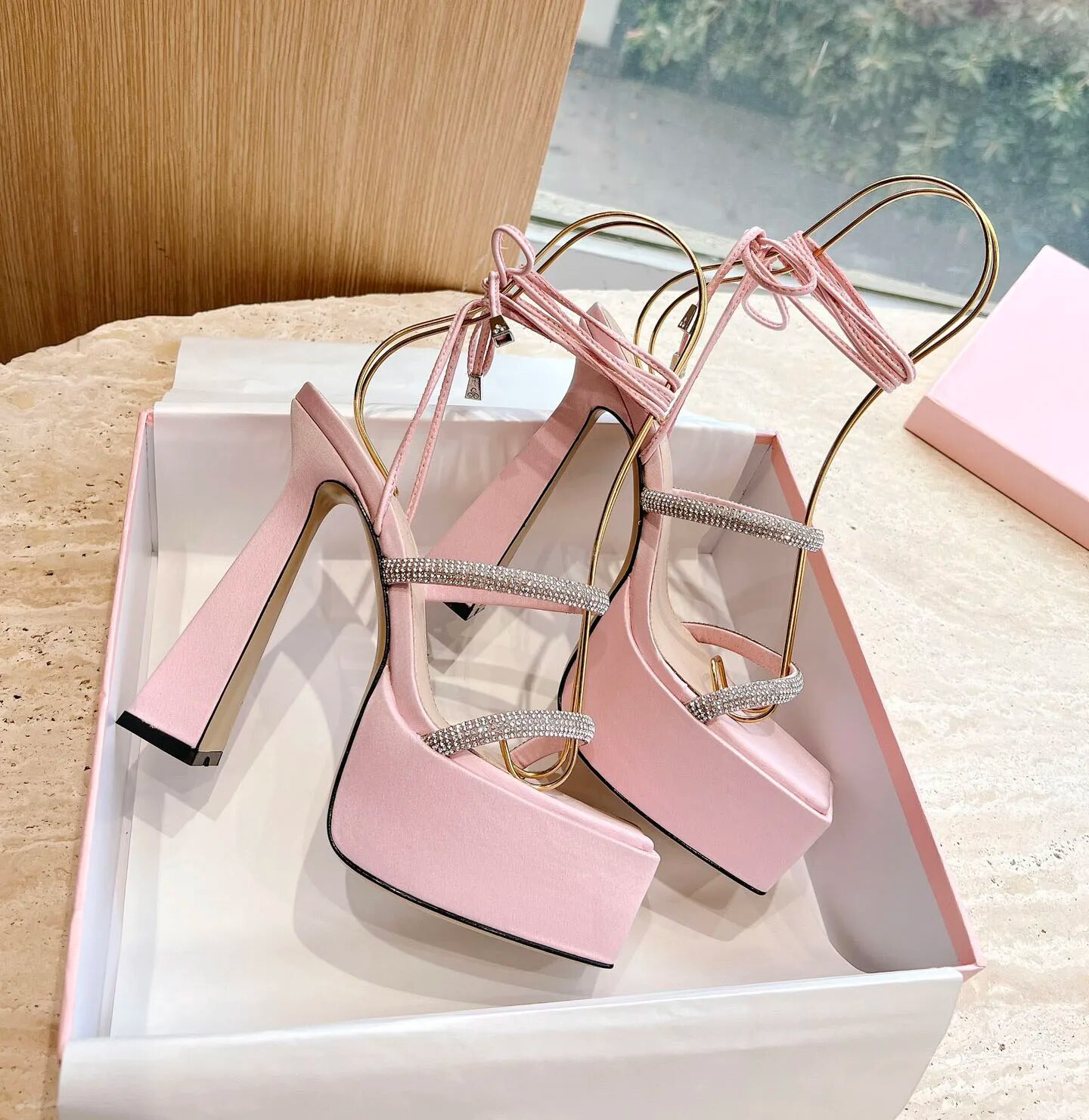 VCSHOES Pointed Toe Roman Sandals Women's Platform Thick High Heel Party Shoes Crystal Cross Tied Sandals For Women