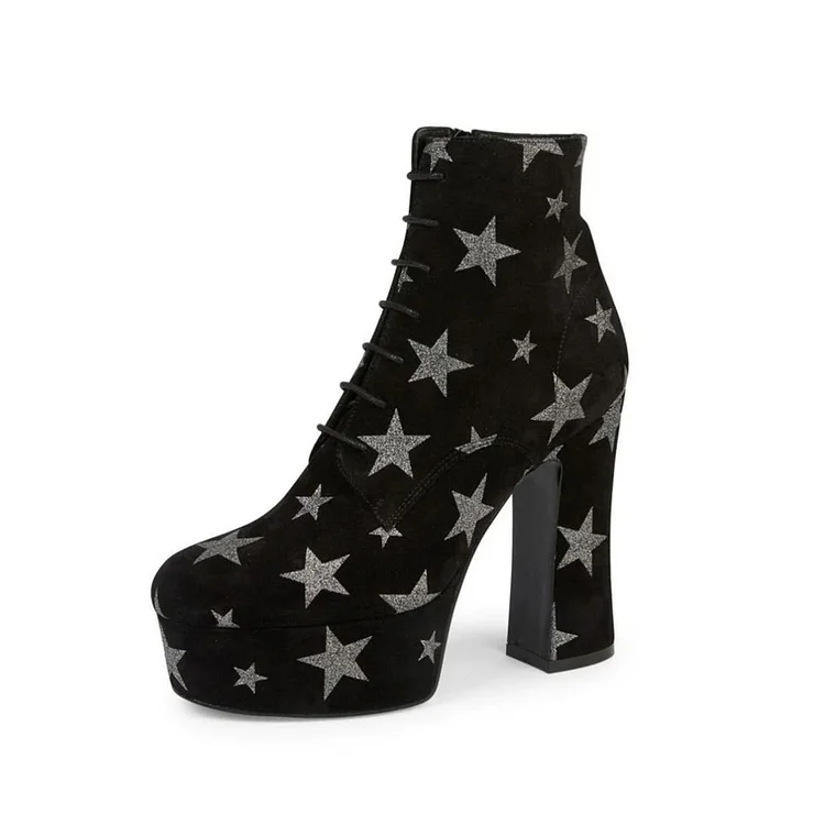 Black Vegan Suede Silver Glitter Stars Chunky Heels Platform Boots |FSJ Shoes
