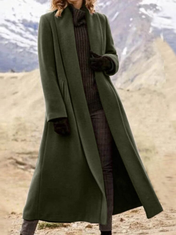 Solid Color Long Sleeve Lapel Collar Coat For Women
