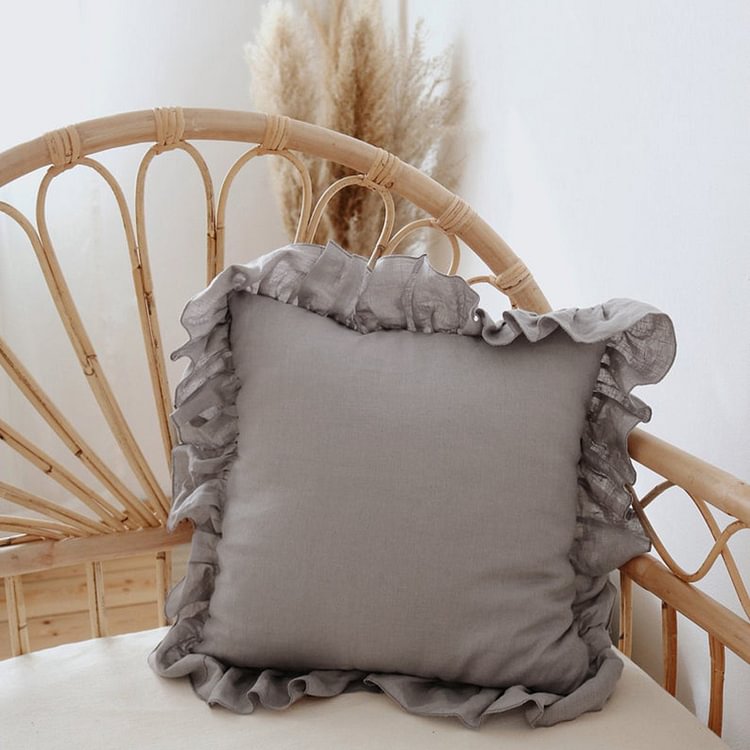 Gray 100% Flax Linen Pillowcases With Ruffled-ChouChouHome