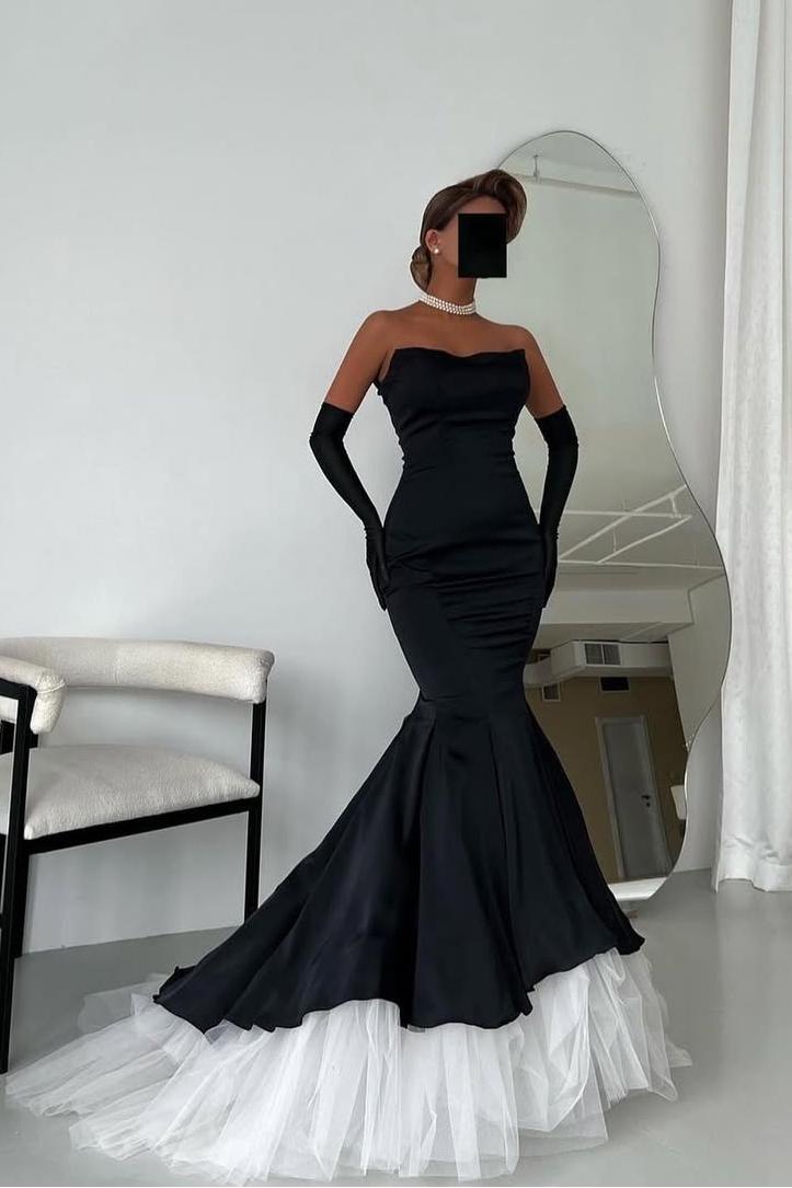 Lussooy Luxurious Black Satin Sleeveless Strapless Mermaid Prom Dress with Gloves