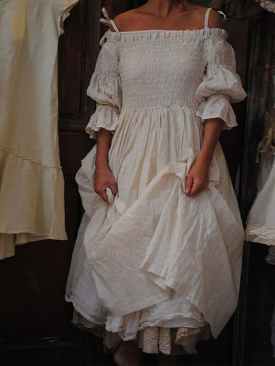 Casual Solid Color Loose Off Shoulder Linen Dress