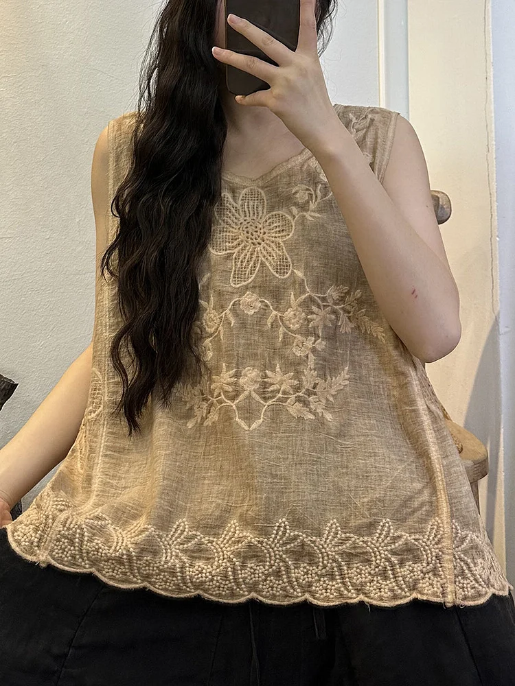 Women Summer Vintage Embroidery Ripple Hem Vest