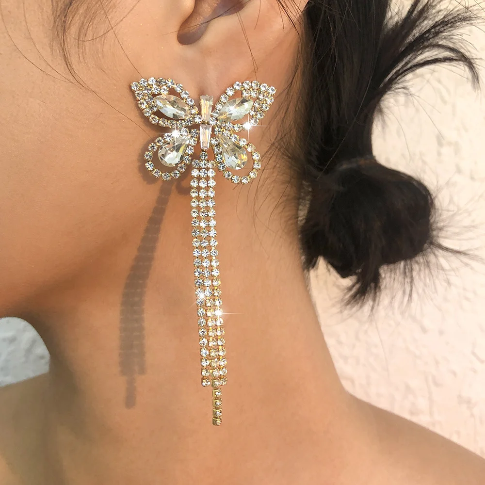 Full diamond butterfly tassel earrings
