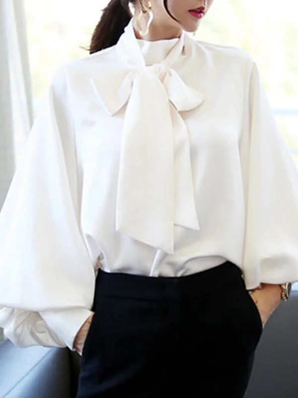 Bow Tie Stand Collar Bowknot Pure Color Blouse