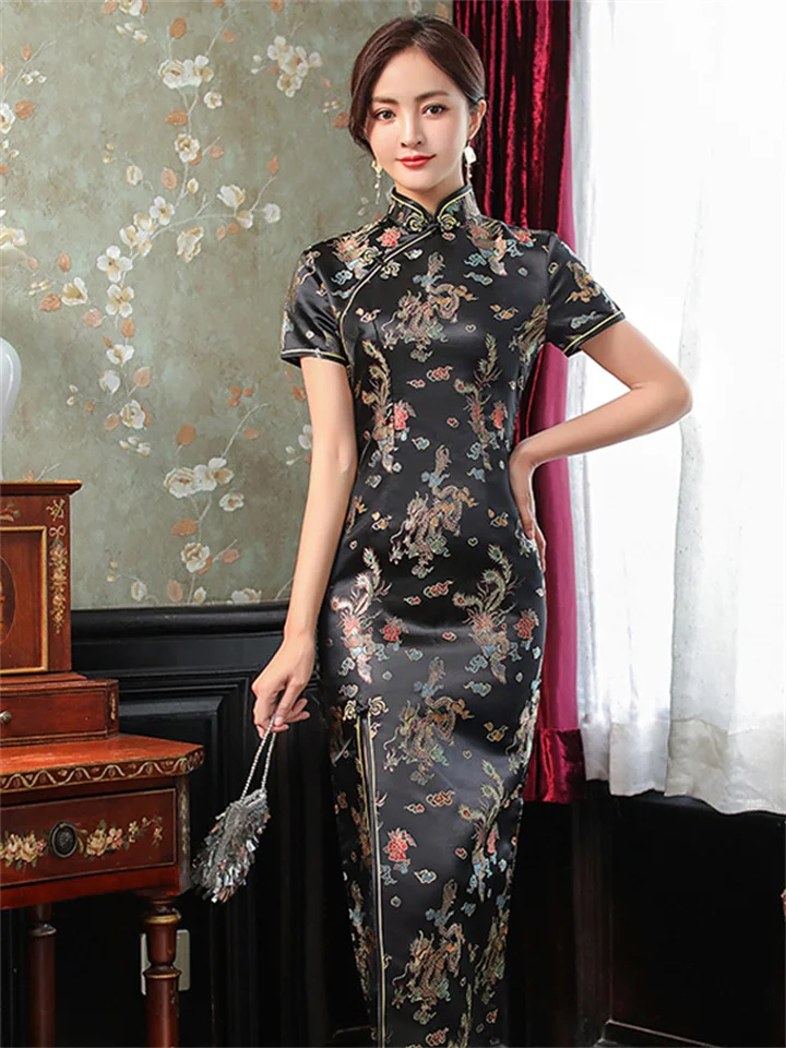 Women's Casual Dress Sheath Dress Cheongsam Dress Midi Dress Black Gold Wine Short Sleeve Animal Embroidered Spring Summer Stand Collar Chinoiserie Daily Date Vacation 2022 S M L XL XXL 3XL 4XL-JRSEE