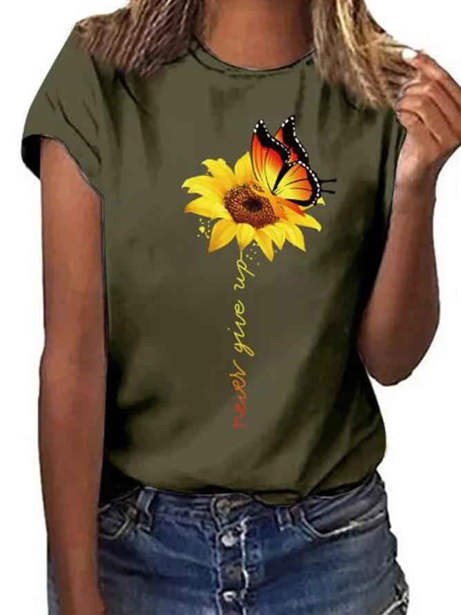 Butterfly Sunflower Round Neck Short Sleeve T-shirts