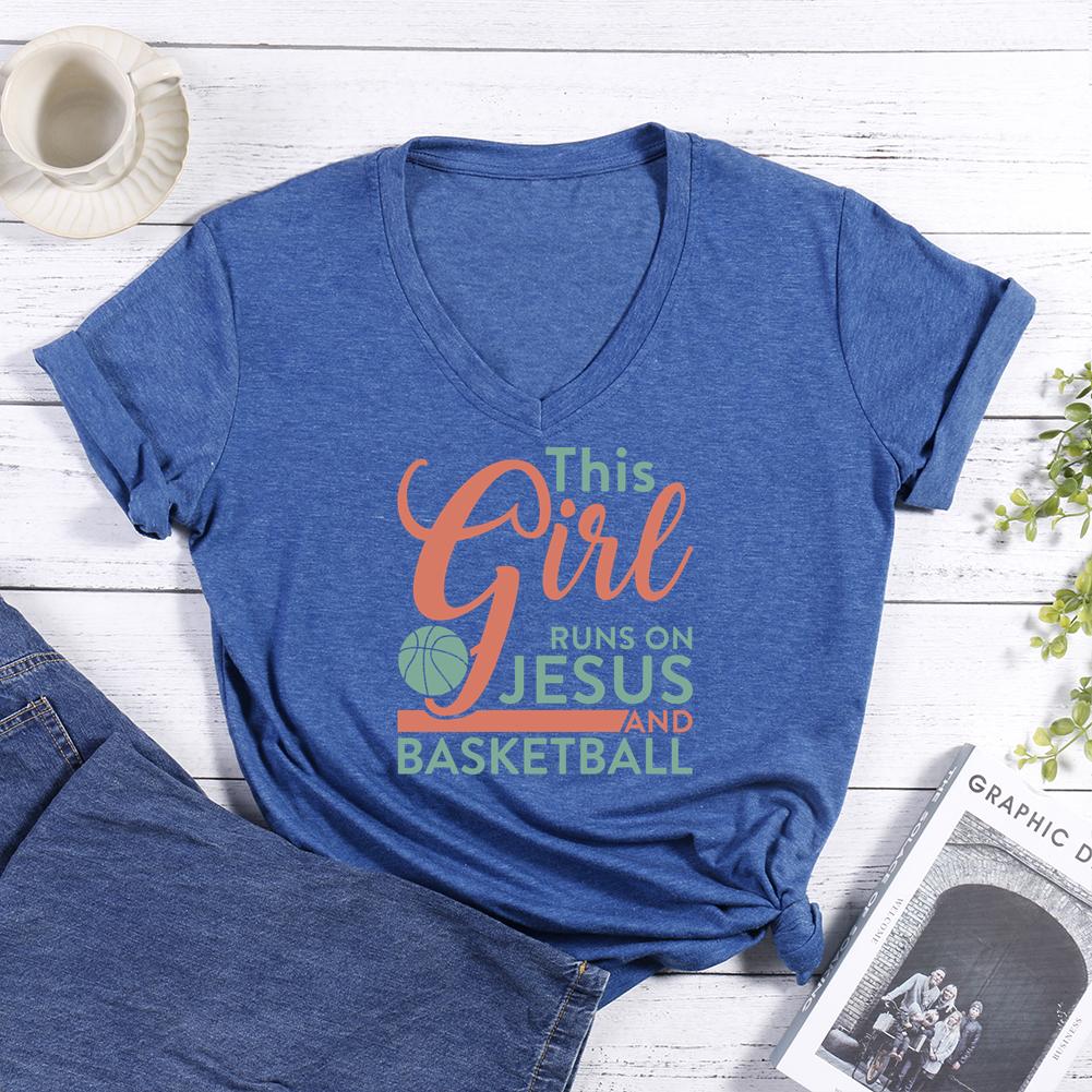 This Girl Runs On Jesus And Basketball V-neck T Shirt-Guru-buzz