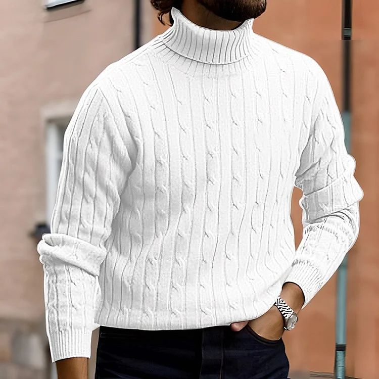 Men's Casual Textured Knit Turtleneck Long Sleeve Solid Ribbed Cable Knit Sweater