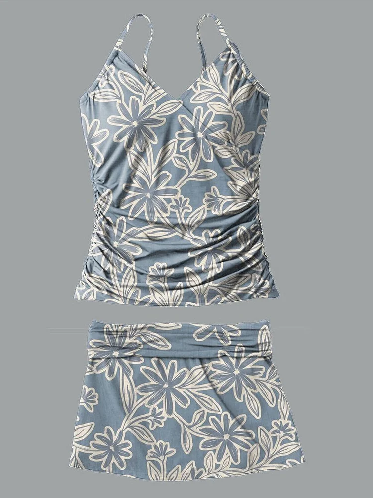 V-Neck Flowers Print Halterneck Pleated Tankini Set Swimsuit socialshop
