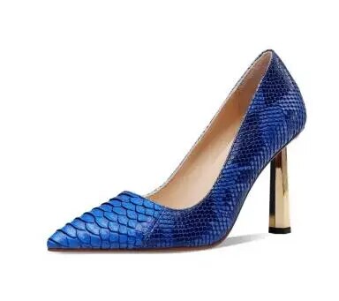 VCSHOES Woman White Blue Red 3D Embossed Snake Pattern Night Club High Heels Shoes Pointed Toe Shallow 9 Cm Metal Heels Pumps