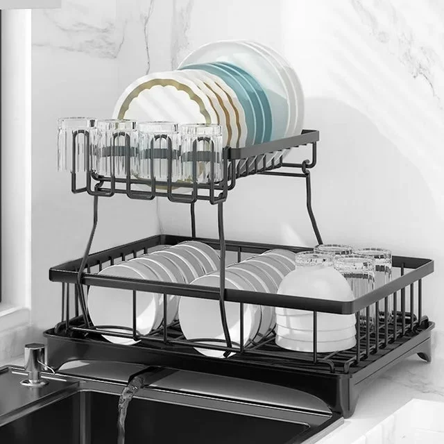 Dish Drying Rack, Day Decor, 2-Tier Dish Racks for Kitchen Counter, Dish Rack with Drainboard & Mat, Dish Drainer with Utensils Holder, Day Gifts & Kitchen Gadgets, Black